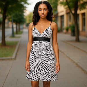 BCX Y2K Babydoll Sheer Overlay Ribbon Tie Black and White  Polka Dot Dress Sze M